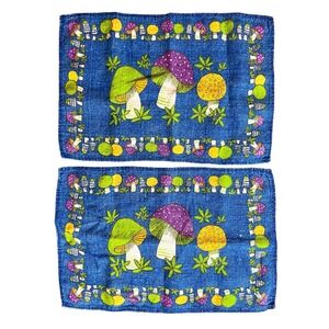 Vintage Orange Psychedelic Mushroom Place Mats Set of 2 Cloth Retro 1970s Rare